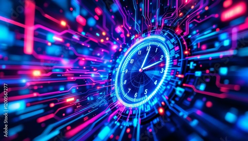 Futuristic neon clock with circuit board. Concept of time, technology, and innovation.