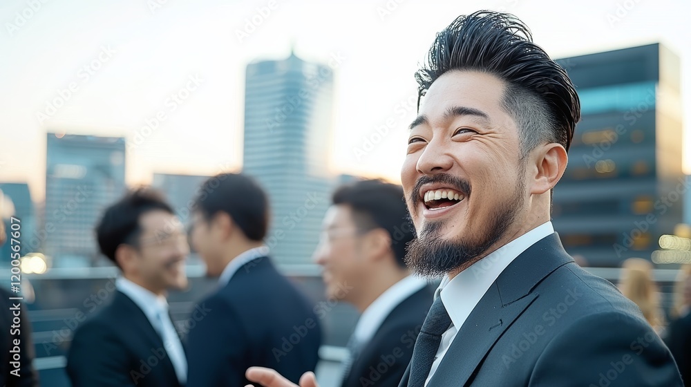 Smiling businessman laughs with colleagues on city rooftop. Smiling businessman laughs with colleagues on city rooftop.