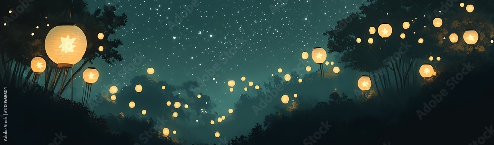 Enchanted Forest at Night with Glowing Lanterns and Stars Enchanted Forest at Night with Glowing Lanterns and Stars
