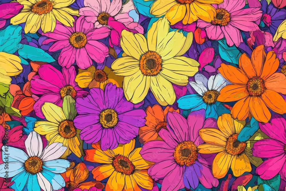 Vibrant Colorful Flowers Blooming Together In A Garden Vibrant Colorful Flowers Blooming Together In A Garden