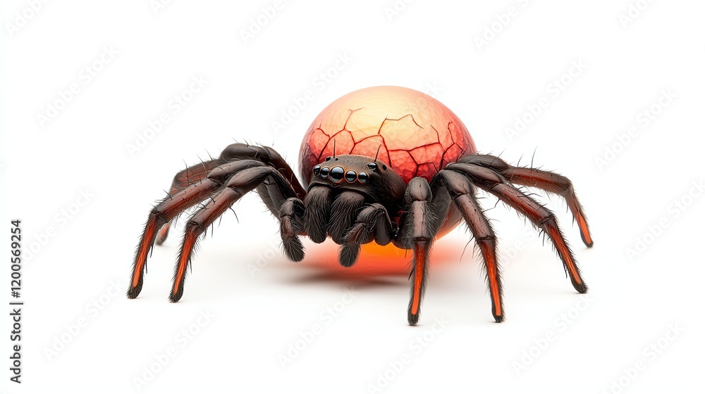 A stylized spider with a bright, cracked orange body and dark legs, set against a white background, giving it a striking look.