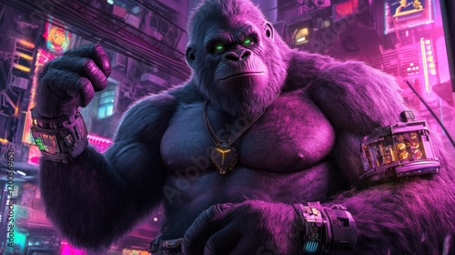 A muscular gorilla character in a neon-lit urban setting, showcasing a futuristic theme. photo