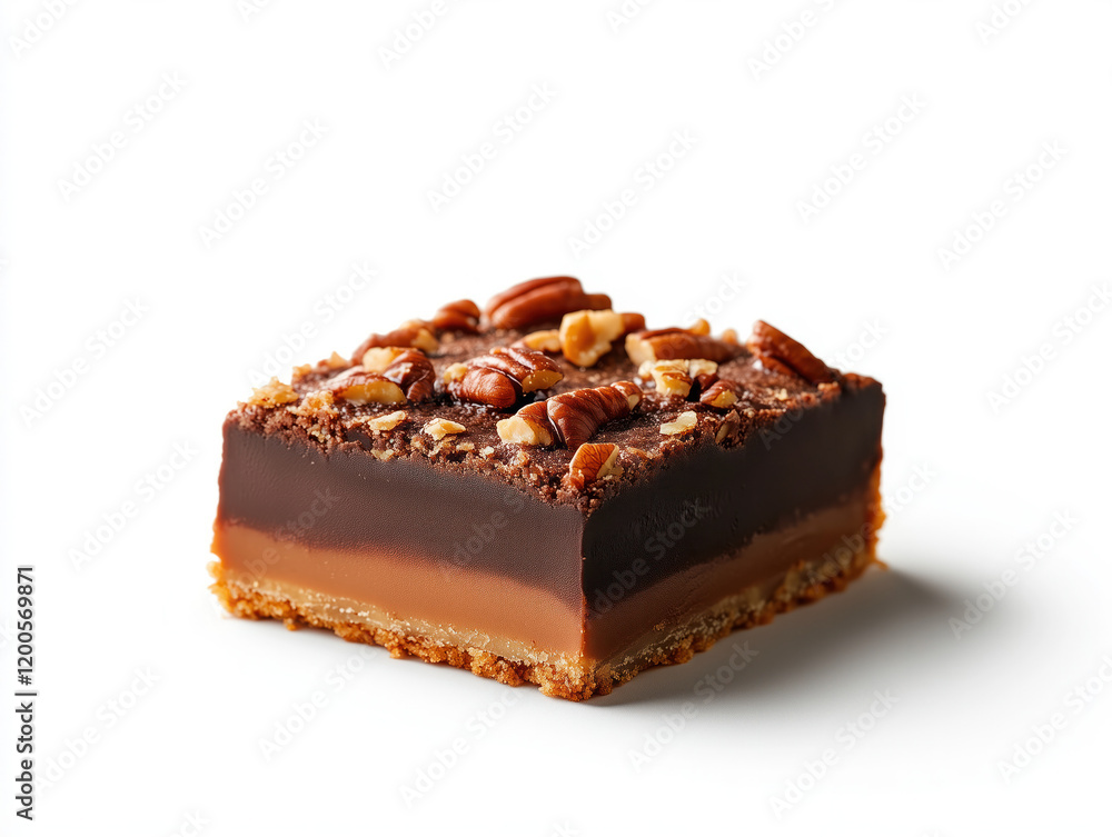 Decadent Chocolate Caramel Pecan Bar with Rich Layers and Nut Topping on White Background Decadent Chocolate Caramel Pecan Bar with Rich Layers and Nut Topping on White Background