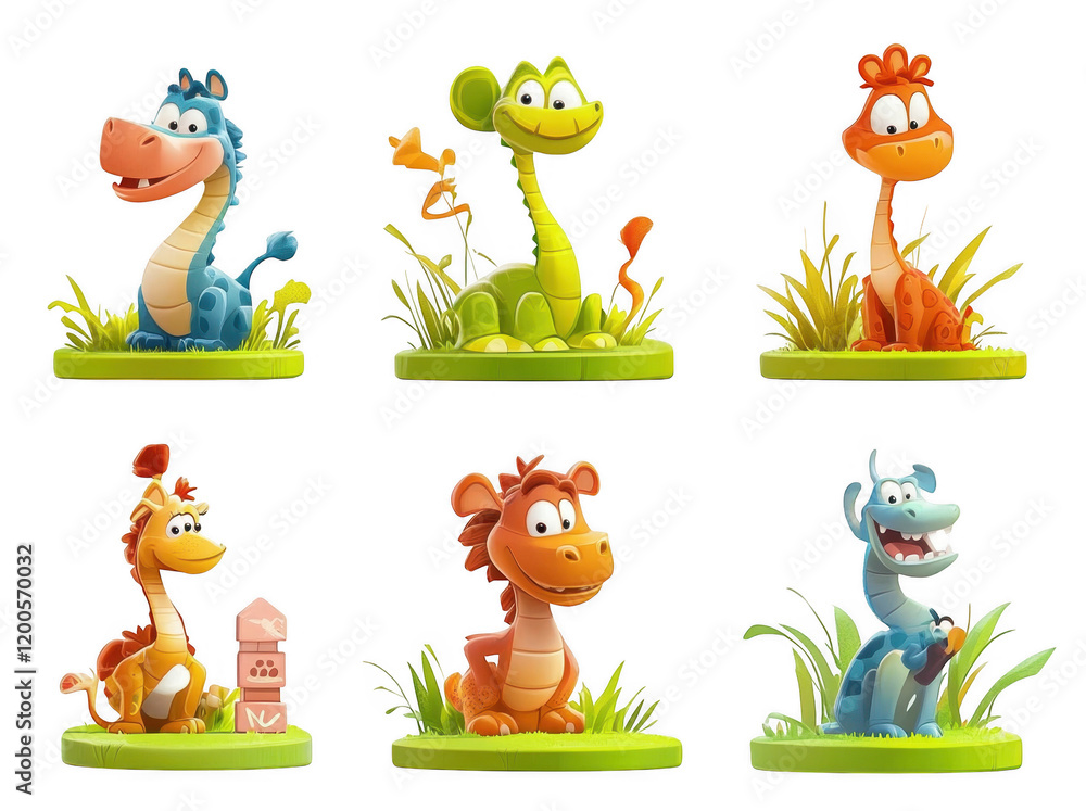 Fototapeta premium Cute smiling animated animals sitting on grass in colorful scene, featuring variety of playful characters that evoke joy and whimsy