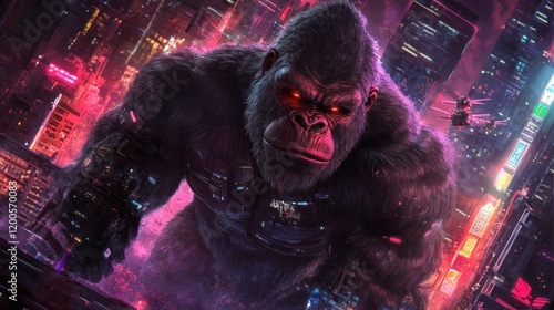 A futuristic gorilla in a neon cityscape, blending technology and wildlife themes. photo