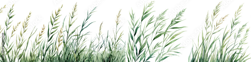 Fototapeta premium Lush green grass meadow with swaying plants in nature landscape