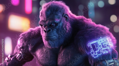 A cybernetic gorilla with neon accents, showcasing futuristic design and vibrant colors. photo