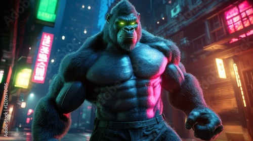 A muscular gorilla with glowing eyes in a neon-lit urban environment. photo