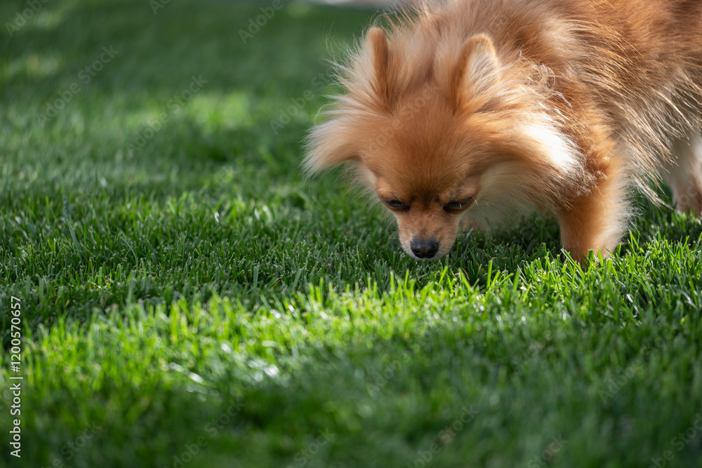 A curious Pomeranian dog explores lush green grass on a sunny day in a backyard A curious Pomeranian dog explores lush green grass on a sunny day in a backyard