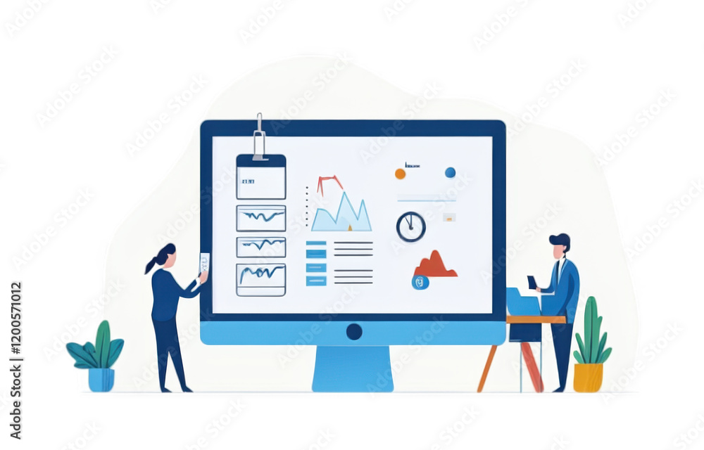 Digital illustration of business people analyzing data on computer screen, showcasing graphs and charts. scene conveys teamwork and modern technology in professional setting Digital illustration of business people analyzing data on computer screen, showcasing graphs and charts. scene conveys teamwork and modern technology in professional setting