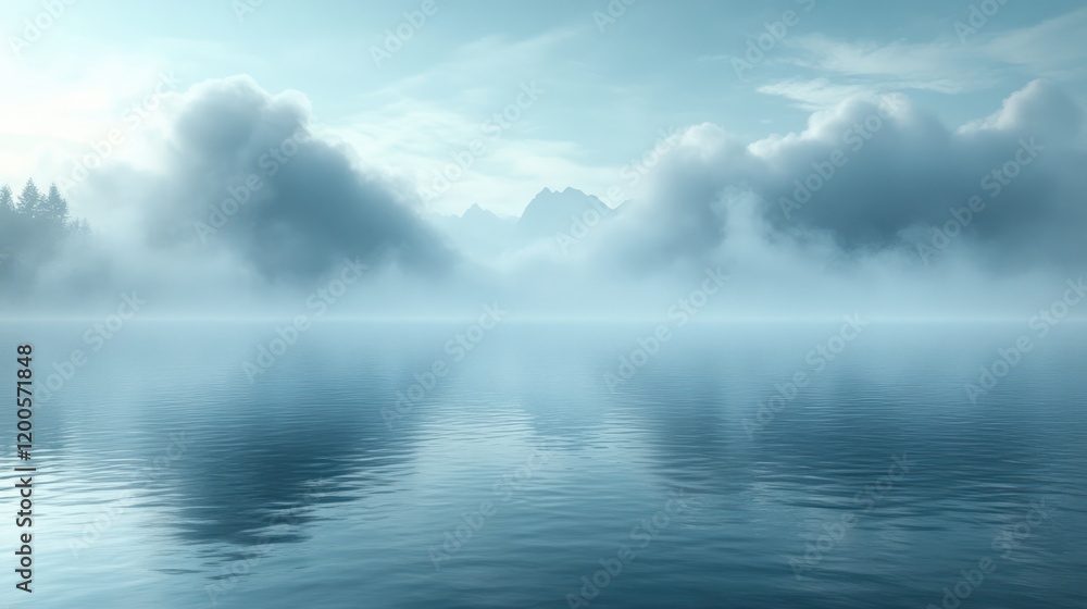 Fototapeta premium Ethereal Landscape with Chiaroscuro Lighting and Mist Over Reflective Surface