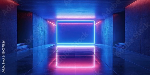 Futuristic Minimalist Room Glowing Blue Neon Ambient Lighting Cyberpunk Architecture 3D Rendering