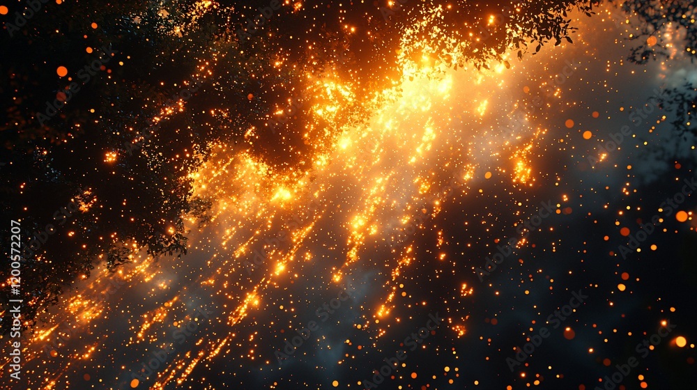 Fototapeta premium Golden Sparks Exploding Through Night Sky Dark Trees