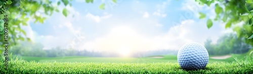 Golf Ball on Lush Green Course at Sunrise