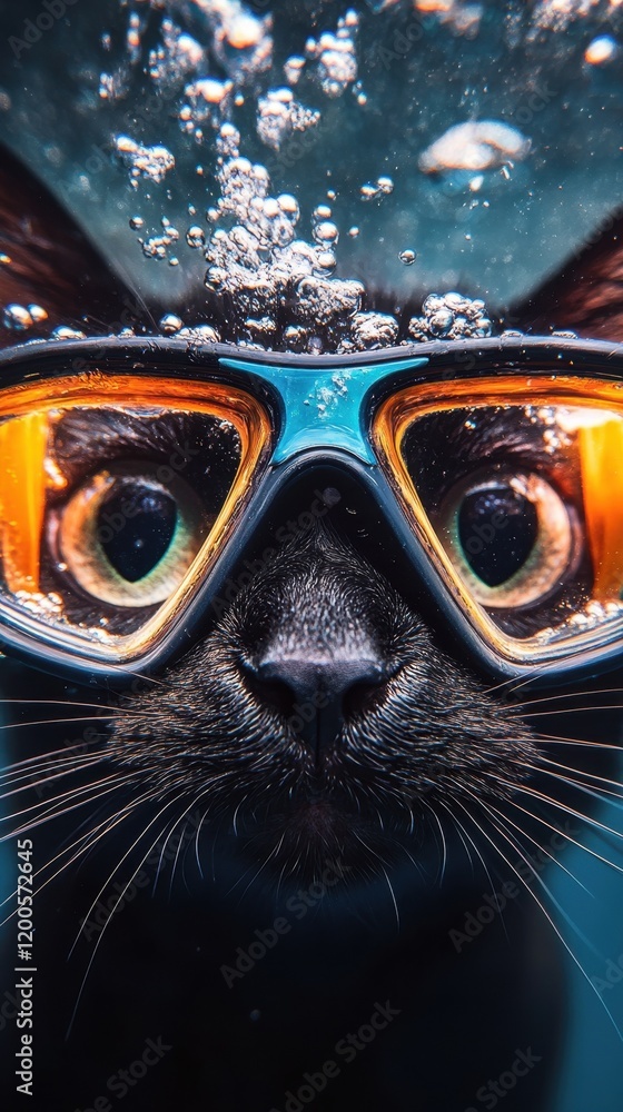 A close-up of a black cat underwater, wearing a colorful diving mask, with its curious eyes wide open and bubbles rising around it. A close-up of a black cat underwater, wearing a colorful diving mask, with its curious eyes wide open and bubbles rising around it.