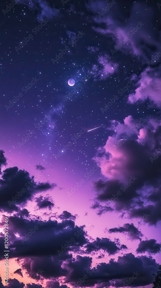 Fototapeta premium Dramatic Dark Purple Sky Filled With Shooting Stars and Hidden Moon at Twilight. Generative AI