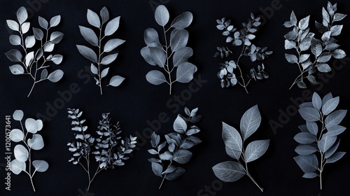 Elegant Monochrome Botanical Collection, Silver Leaf Branches and Foliage photo