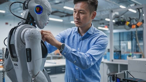 Robotics Engineer at Work: A focused Asian male engineer meticulously adjusts a sophisticated humanoid robot in a high-tech laboratory setting, highlighting precision and innovation in robotics. 