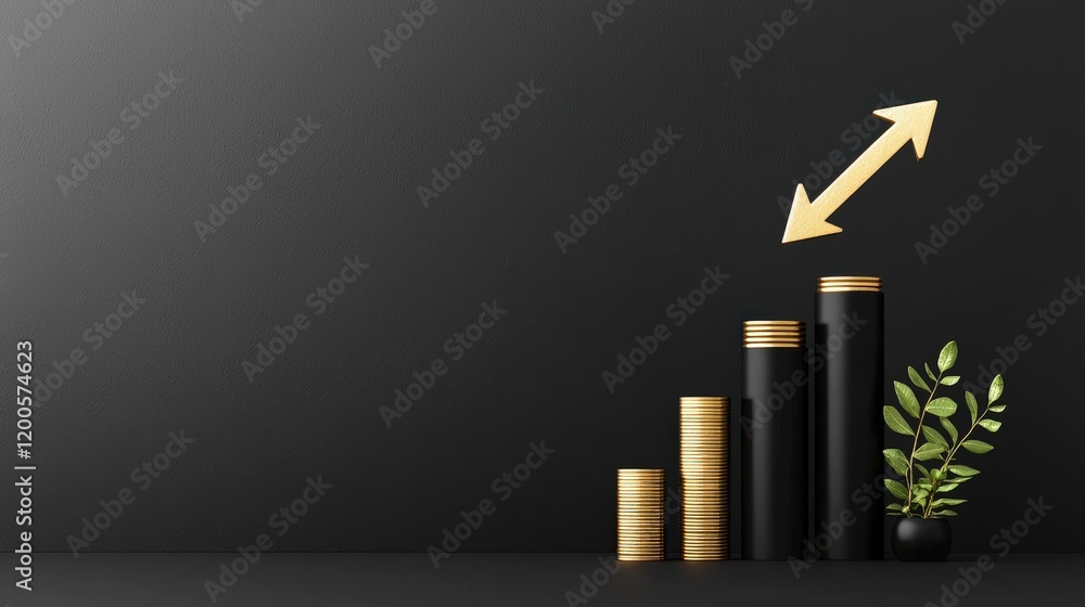 Growth Concept with Coins and Plant on Black Background Growth Concept with Coins and Plant on Black Background
