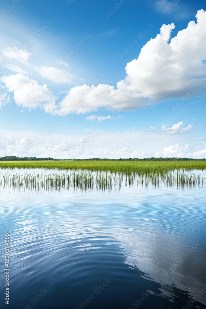 Obraz premium Serene Landscape of River and Sky with Soft Clouds
