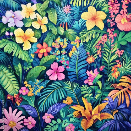 Vibrant Tropical Flowers and Lush Green Foliage
