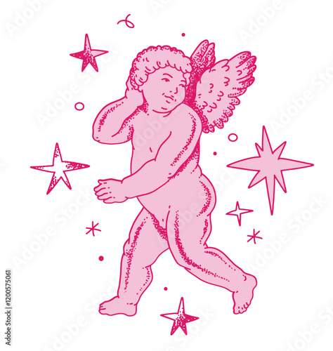 Pink cherub outlines and line art for Valentine's Day with cupid vector. Vector symbol of love and romantic. Antique Angel Baby Cupid illustration for printing on cards, invitations, tattoo