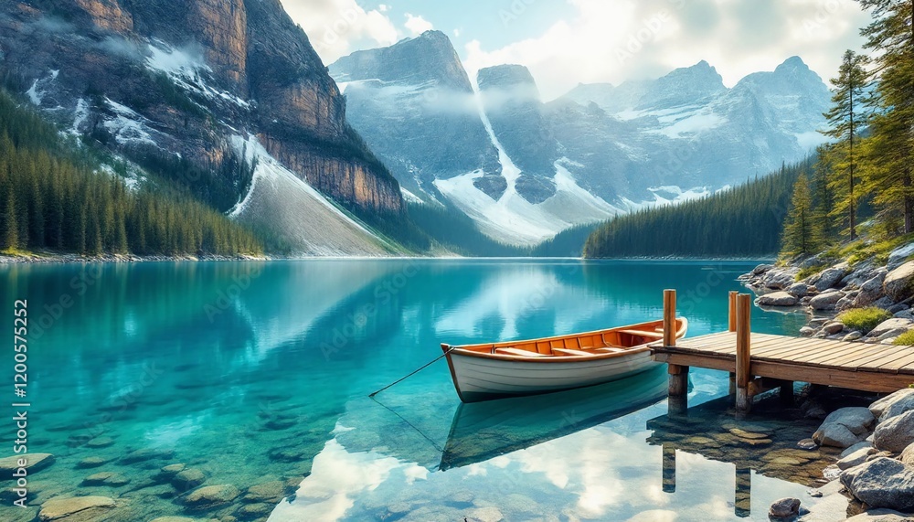 Obraz premium Idyllic Alpine Lake with Wooden Boat and Dock