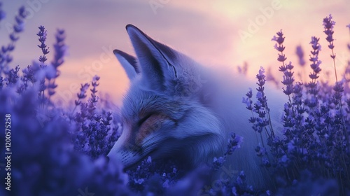 A mystical fox's face blending with a bed of lavender flowers under a dreamy twilight sky.  photo