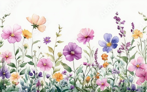 Colorful Floral Watercolor Pattern with Wildflowers Butterflies and Green Plants in a Serene Summer Garden