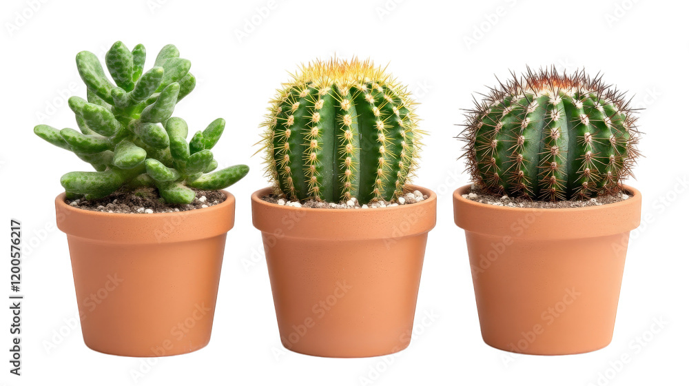 Cacti in terracotta pots, showcasing various shapes and textures, add touch of greenery to any space. Perfect for home decor or gardening enthusiasts Cacti in terracotta pots, showcasing various shapes and textures, add touch of greenery to any space. Perfect for home decor or gardening enthusiasts