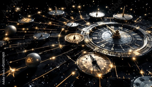 Abstract Time Concept with Multiple Clocks and Glowing Connections, Time Travel, Time Management.