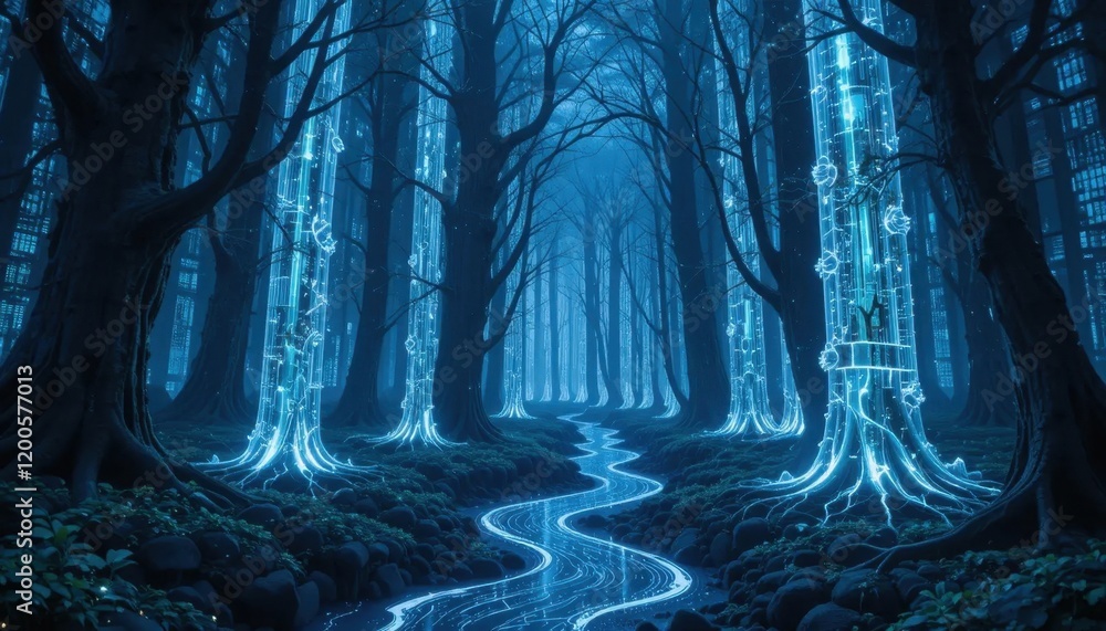 Obraz premium Enchanted Glowing Forest: A Digital Stream Through Mystical Trees