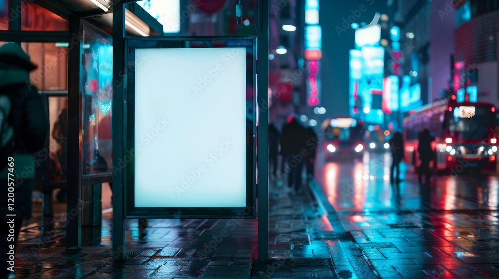 Design a nighttime urban scene with a close-up of a sleek bus stop, The central focus is a brightly lit Design a nighttime urban scene with a close-up of a sleek bus stop, The central focus is a brightly lit
