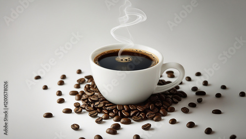 Steaming cup of black coffee surrounded by roasted coffee beans. Concept of energy, morning, breakfast, aroma, caffeine.