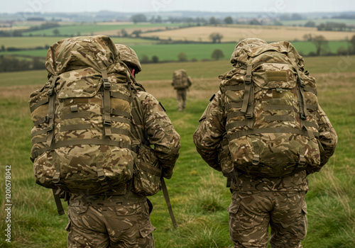 British army soldiers, male and female, tabbing through the Wiltshire countryside with 25kg bergens, demonstrating strength and discipline. photo