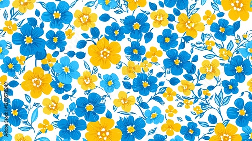 Vibrant Blue and Yellow Floral Pattern Design White Background