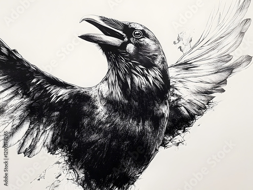 raven head looking upward , wings open wide , dynamic , pen and ink photo