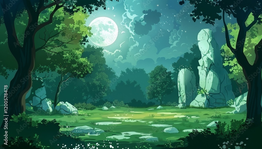 Obraz premium A night scene in a forest with a full moon shining bright in the sky above a clearing with rocks, trees and lush foliage.