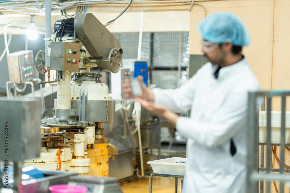 Naklejka premium Worker inspecting canned food in a production facility with advanced machinery Focus on automation quality assurance and industrial workflow efficiency.