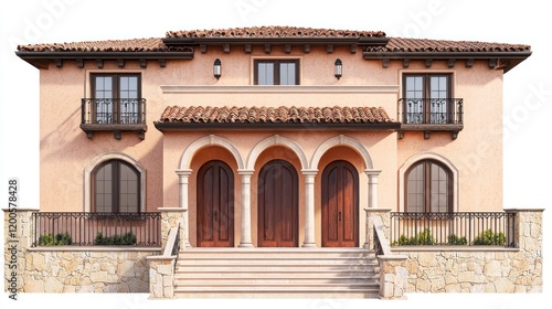A terracotta Spanish home with smooth beige stucco, stone railings, and a tiled roof