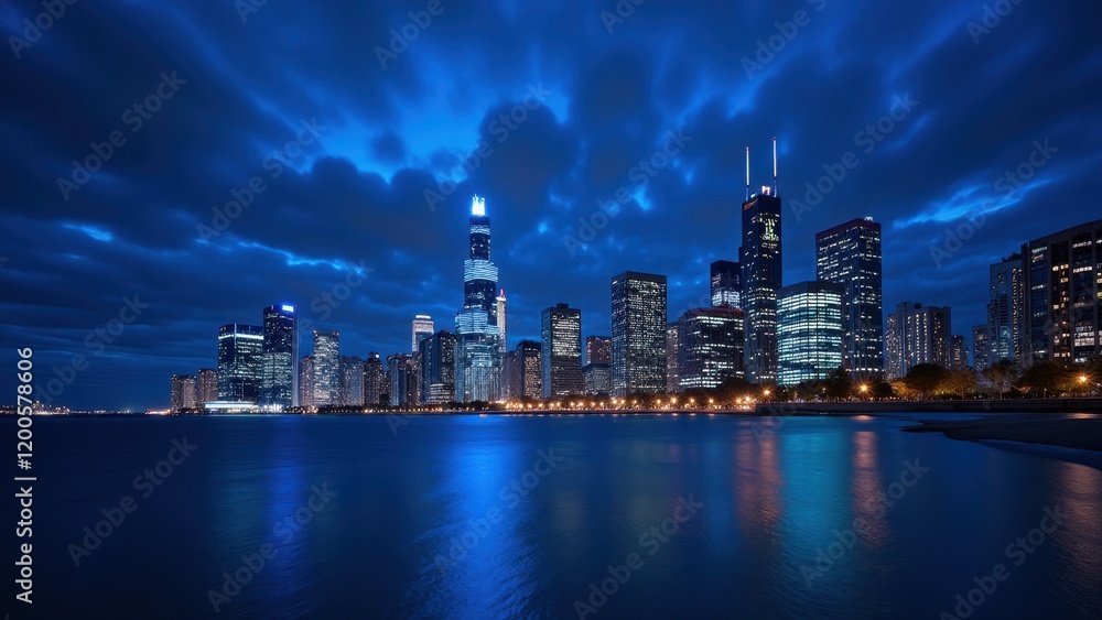 Bask in the vibrant reflection of Chicago's skyline on Lake Michigan’s shimmering waters, illuminated by a cascade of azure lights from towering skyscrapers under a starlit sky Bask in the vibrant reflection of Chicago's skyline on Lake Michigan’s shimmering waters, illuminated by a cascade of azure lights from towering skyscrapers under a starlit sky