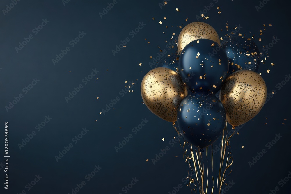 Fototapeta premium Dark blue & gold balloons floating, confetti falling, dark background, celebration.