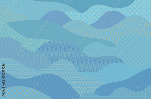 波、海の和柄背景ベクターイラスト アブストラクト 背景 青 水色