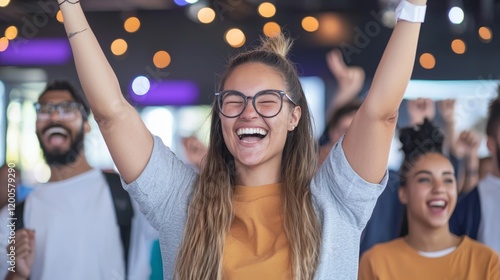 Joyful Young Woman Celebrating at Poetry Slam Competition Event photo