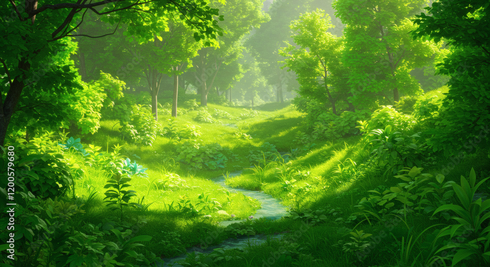 Fototapeta premium Lush Green Forest Stream Sunny Day Nature Scene