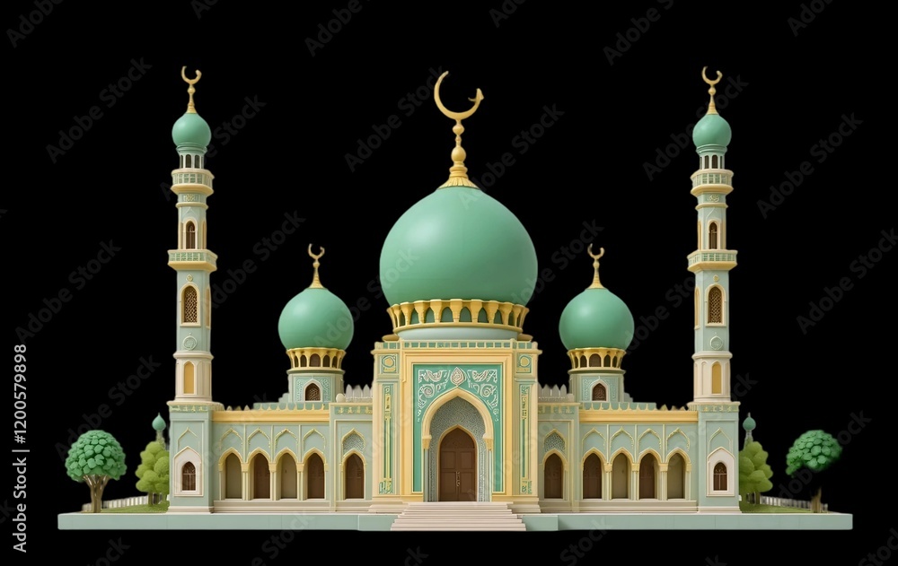custom made wallpaper toronto digital3D Claymorphism Mosque with Yellow Lighting, Sharp and Fine Feature Details, HD Finish on Transparent Backgrounds