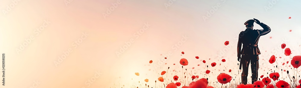 Silhouette of a Saluting Soldier Amidst a Field of Red Poppies Silhouette of a Saluting Soldier Amidst a Field of Red Poppies