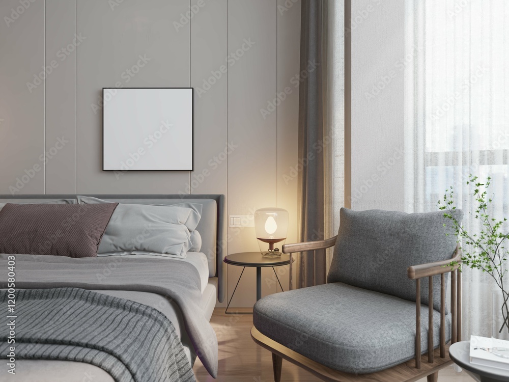 Fototapeta premium modern contemporary masculine bedroom with mockup poster framed on the wall. 3d rendering