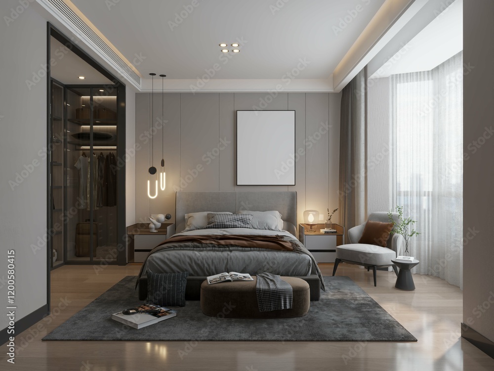 Fototapeta premium modern contemporary masculine bedroom with mockup poster framed on the wall. 3d rendering