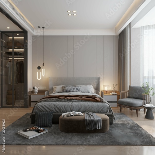 modern contemporary masculine bedroom with mockup poster framed on the wall. 3d rendering